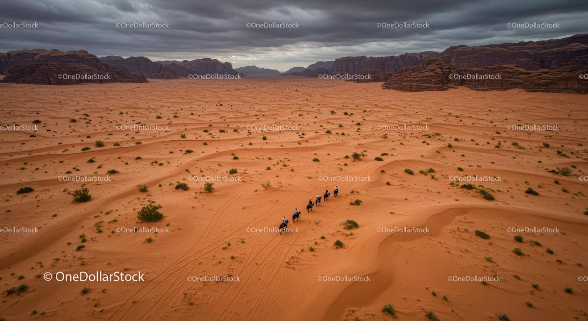 Horse Caravan Journey Across Expansive Desert Dunes