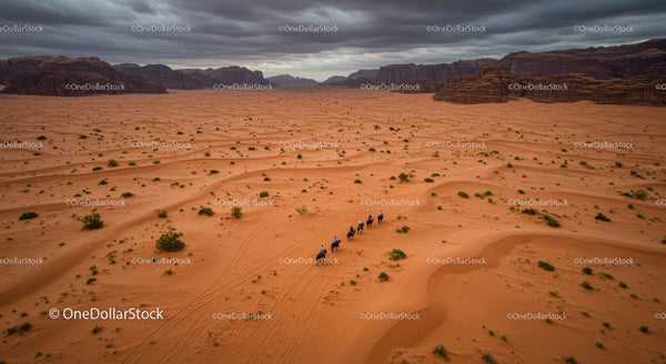 Horse Caravan Journey Across Expansive Desert Dunes