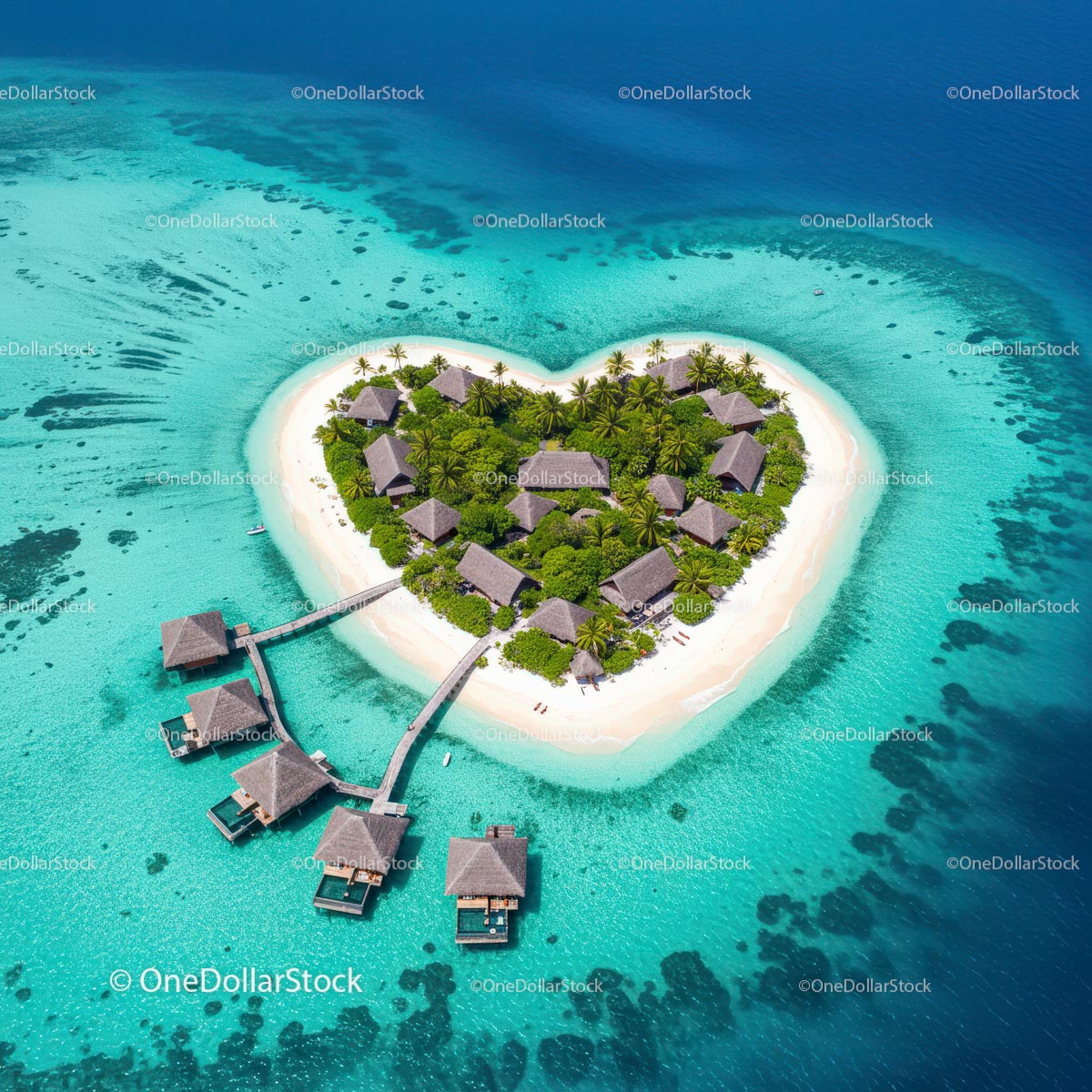 Heart Shaped Tropical Island Paradise with Overwater Bungalows