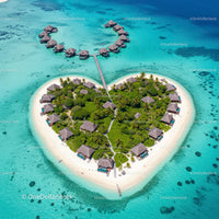 Heart-Shaped Island with Overwater Bungalows in Turquoise Sea