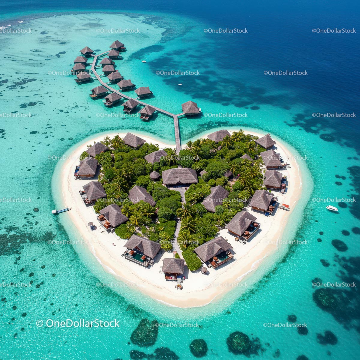 Heart-Shaped Tropical Island with Overwater Bungalows