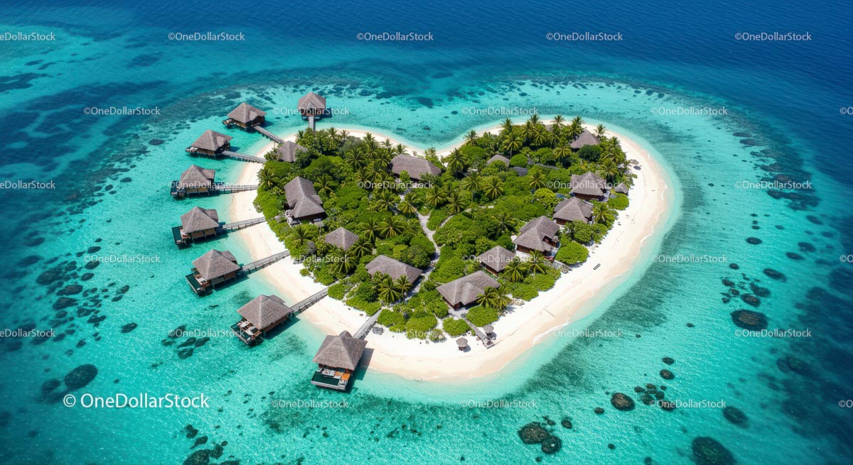 Aerial View of Tropical Island with Overwater Bungalows