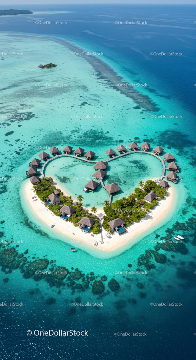 Heart-Shaped Island Resort with Overwater Bungalows