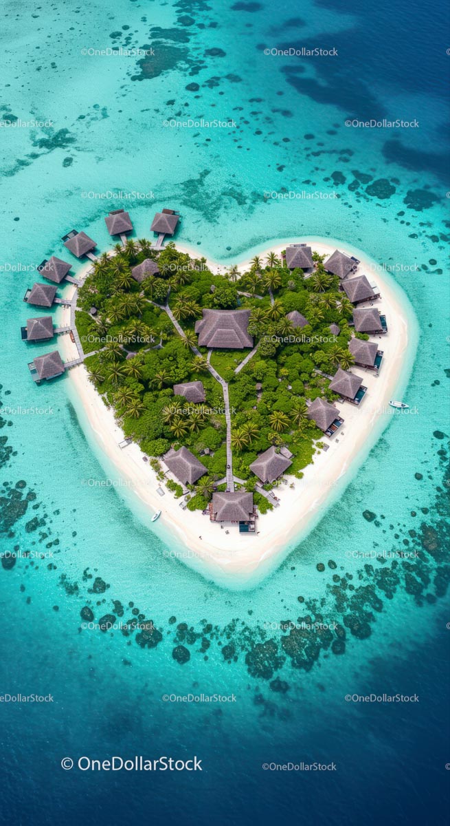Heart-Shaped Tropical Island with Overwater Villas