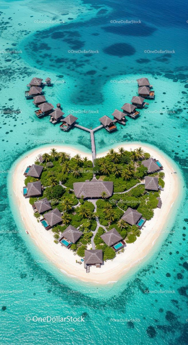 Heart-Shaped Island with Overwater Bungalows in Turquoise Sea