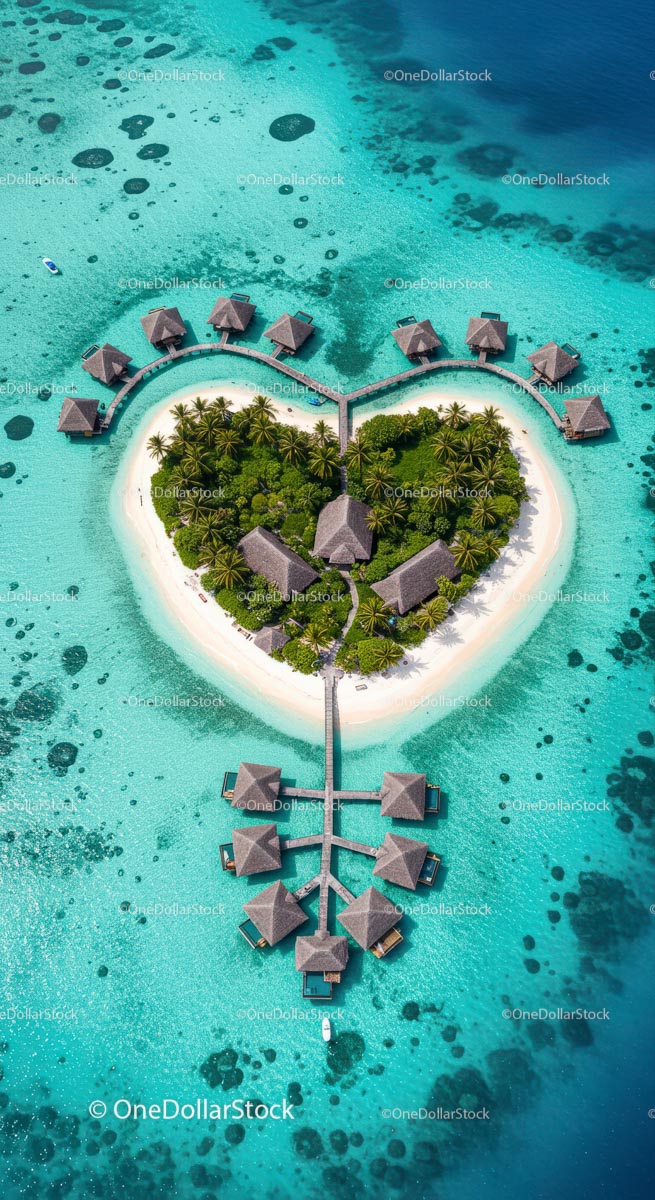 Heart-Shaped Tropical Island with Overwater Bungalows