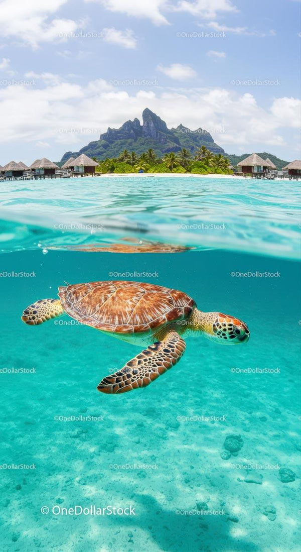 Tropical Island with Sea Turtle and Overwater Bungalows