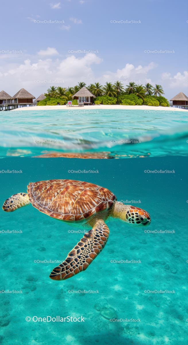 Tropical Sea Turtle Swimming Near a Paradise Island Resort
