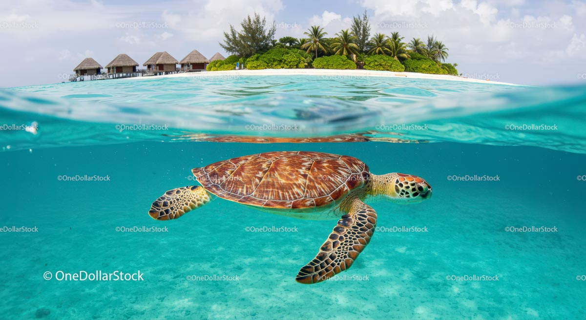 Żółw morski pływający w turkusowych wodach w Tropical Island