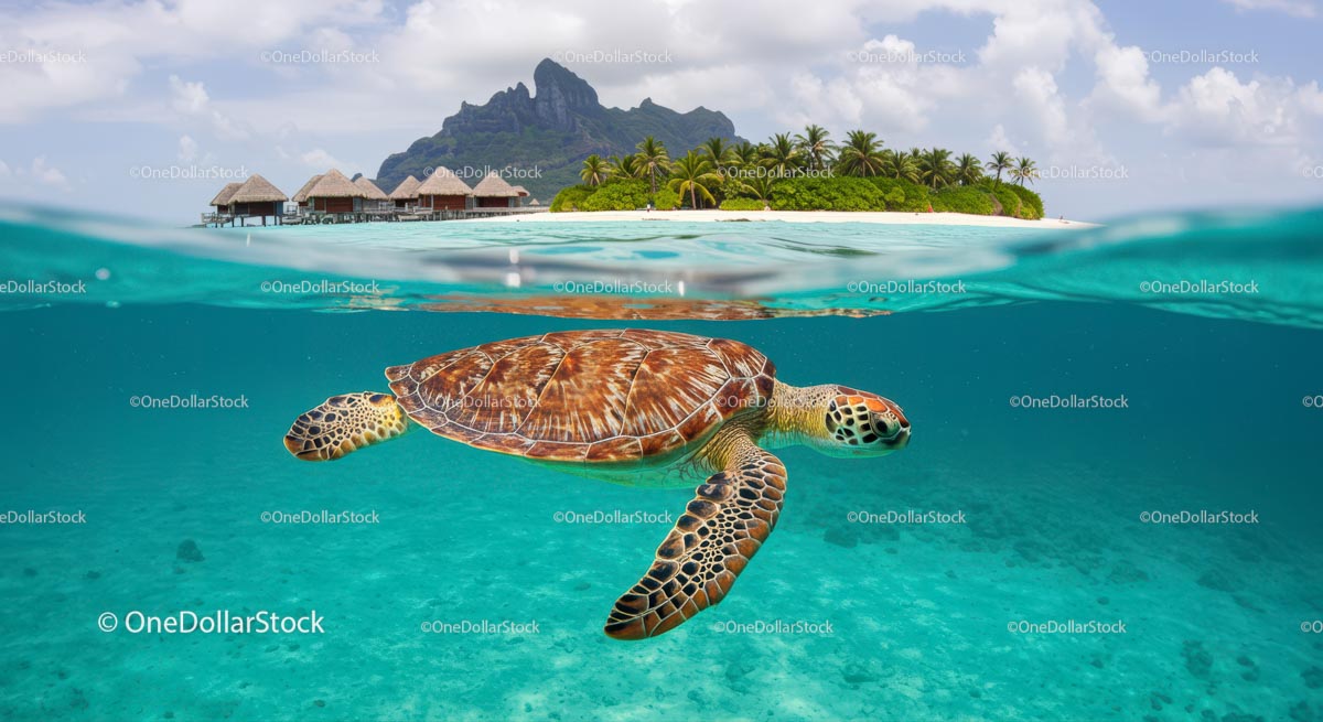 Sea Turtle in Turquoise Waters by Tropical Island