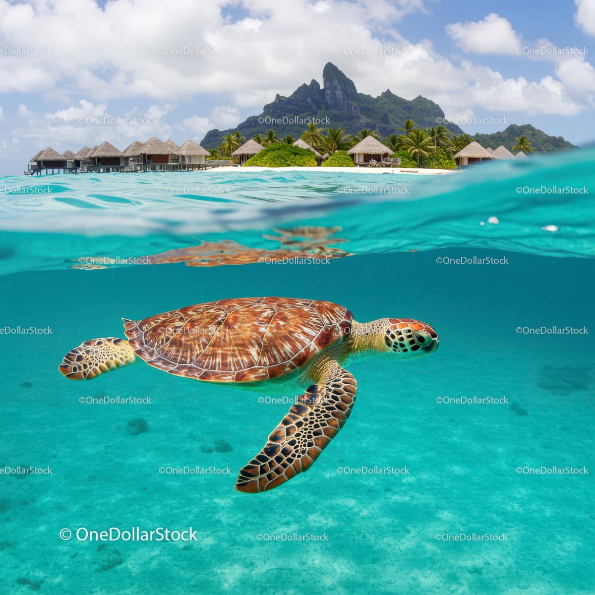 Sea Turtle Swimming in Tropical Island Paradise