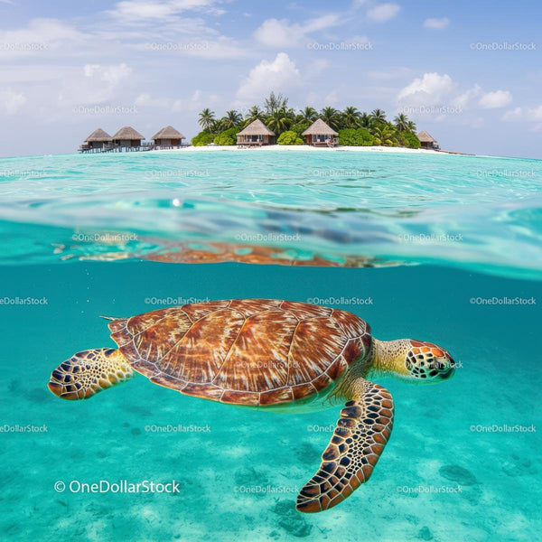Sea Turtle Swimming Near Exotic Island with Overwater Bungalows