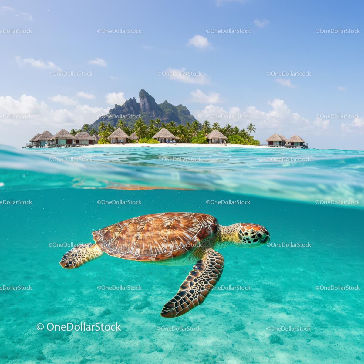 Sea Turtle in Crystal Clear Waters Near Tropical Island