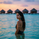 Elegant Woman in Tropical Waters at Sunset