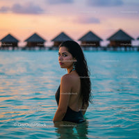 Elegant Woman in Tropical Waters at Sunset
