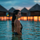 Woman Enjoying Sunset at Luxury Overwater Bungalow Resort