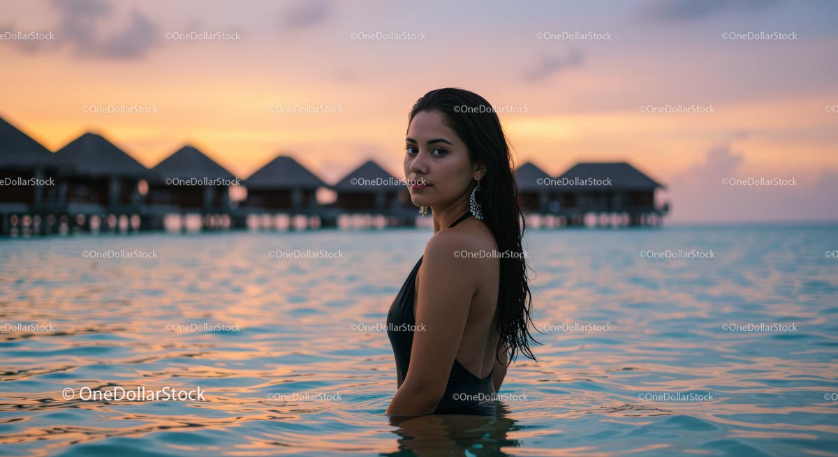 Woman Enjoying Sunset at Tropical Island Resort