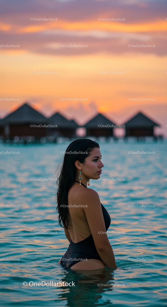 Woman in Black Swimsuit Enjoying Tropical Sunset by the Sea