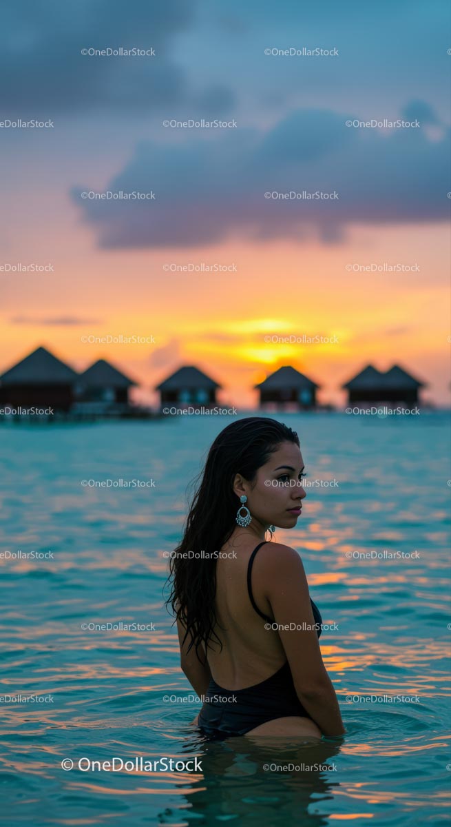 Elegant Woman in Tropical Sunset at Island Resort