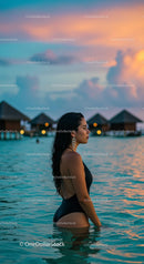 Woman at Sunset in Tropical Ocean Landscape