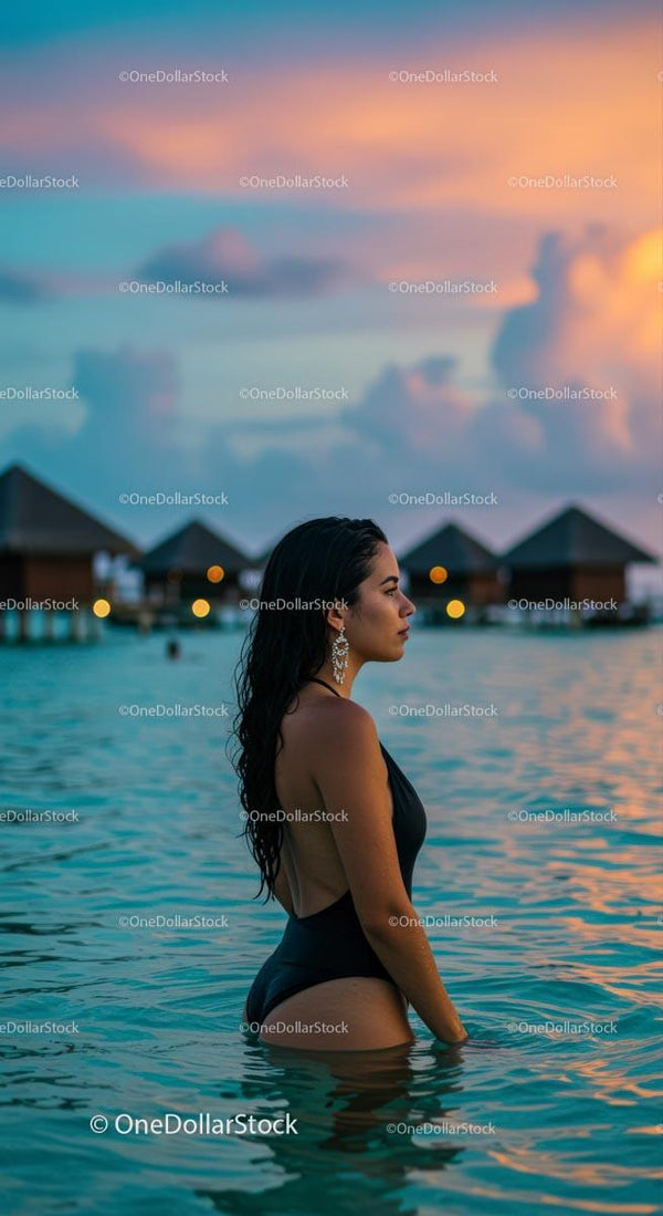 Woman at Sunset in Tropical Ocean Landscape