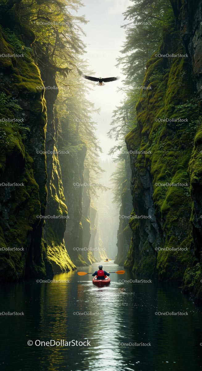 Kayaker Exploring Mossy Canyon in Serene Wilderness