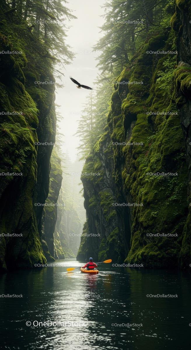 Kayaker Navigating Serene Gorge with Towering Pines