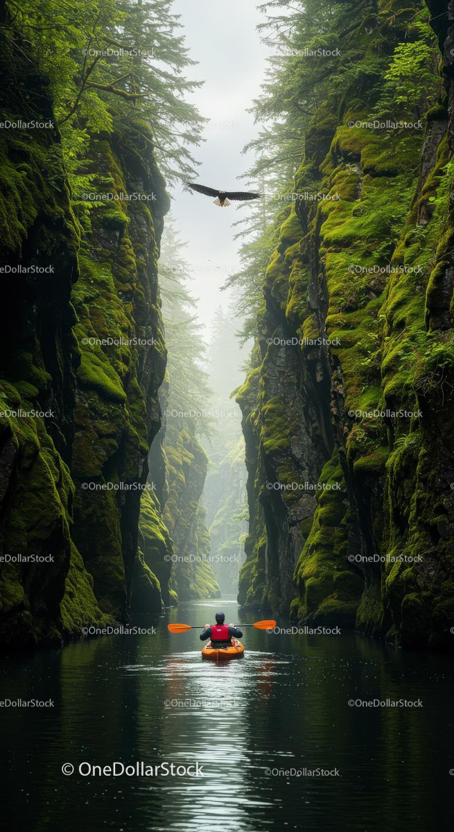 Kayaker Navigating Through Verdant River Canyon