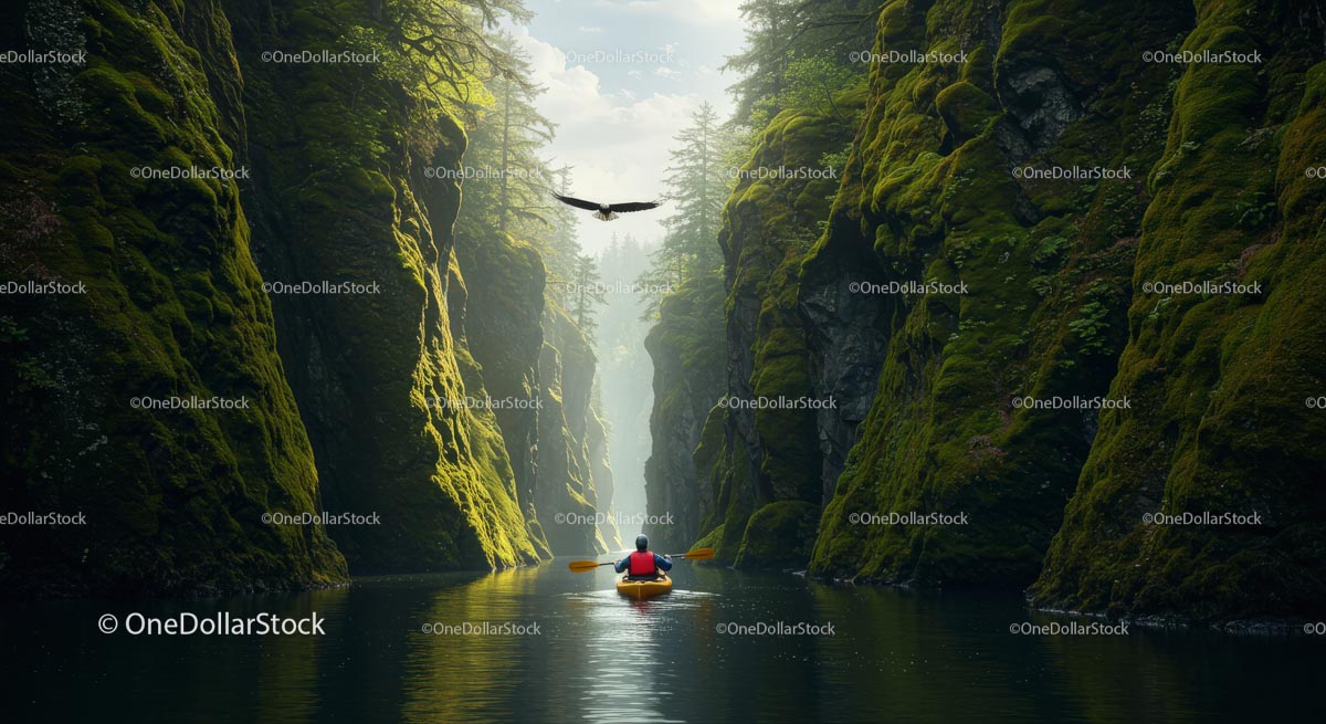Kayaker Navigating a Lush Forest Canyon