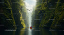 Kayaker Navigating a Lush Forest Canyon