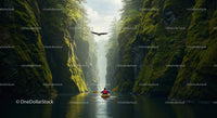 Kayaker Navigating a Lush Forest Canyon