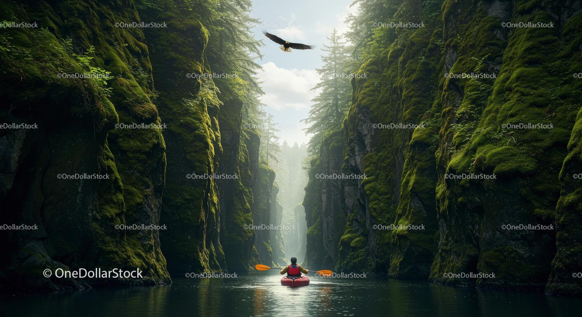 Kayaker Navigating Through Mossy Green Canyon