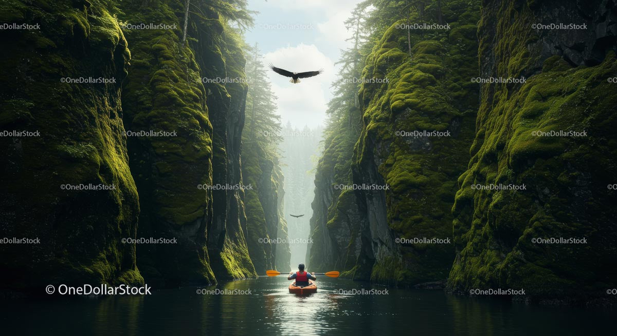 Kayaker Exploring Stunning Mossy Canyon with Soaring Eagle