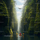 Kayaker Navigating Mossy Canyon with Soaring Eagle