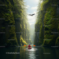 Kayaker Navigating Lush Canyon with Majestic Eagle