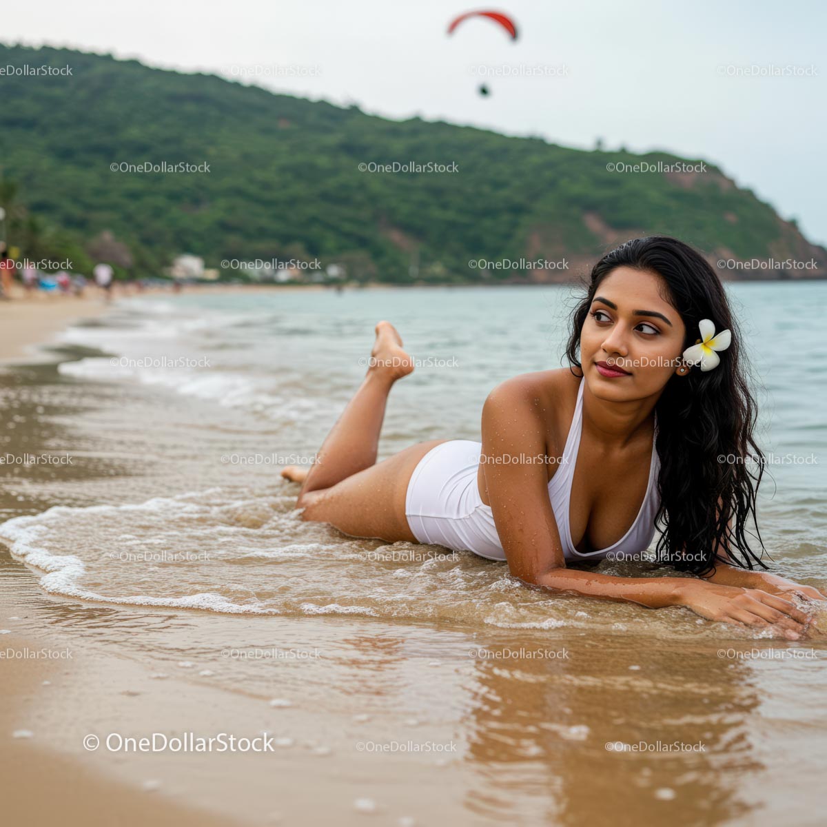 Woman in White Swimsuit Relaxing on Tropical Beach