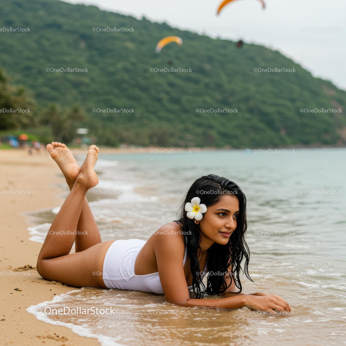 Woman in White Bikini Relaxing on Tropical Beach
