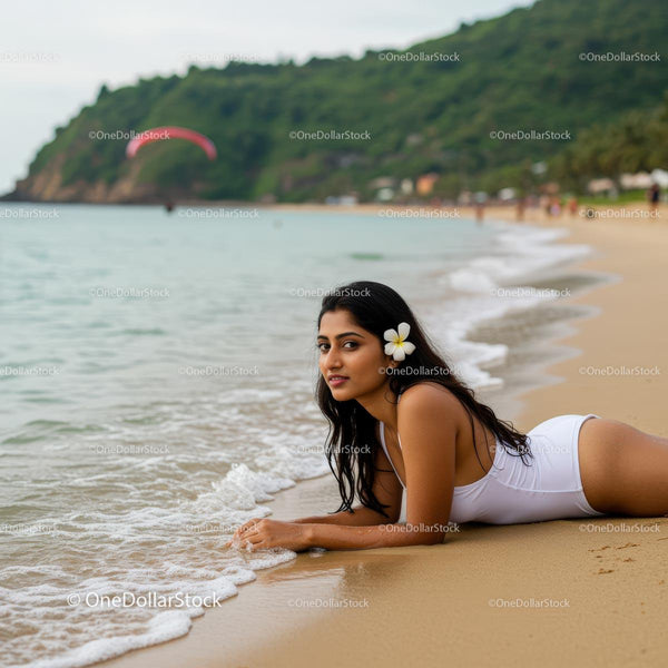 Woman Relaxing on Sandy Beach with Ocean View