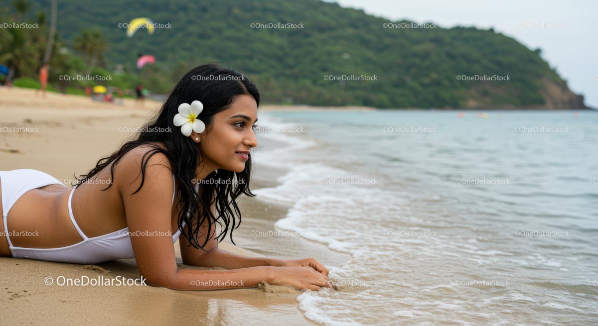Woman Relaxing on a Tropical Beach with Plumeria