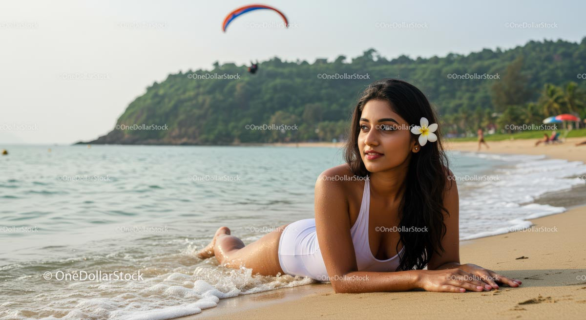 Woman Relaxing on Tropical Beach with Frangipani