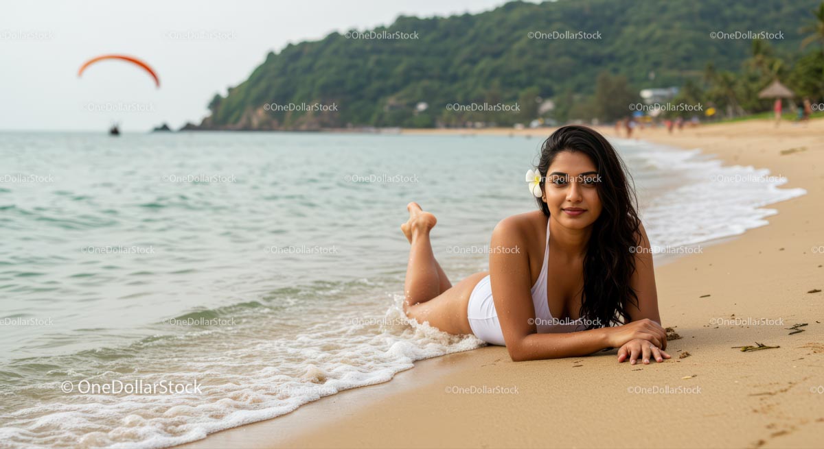 Woman Relaxing on Tropical Beach with Ocean View