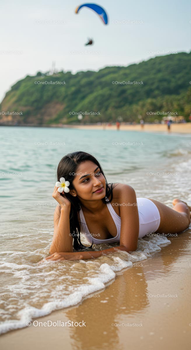 Woman Relaxing on a Tropical Beach with Plumeria Flower