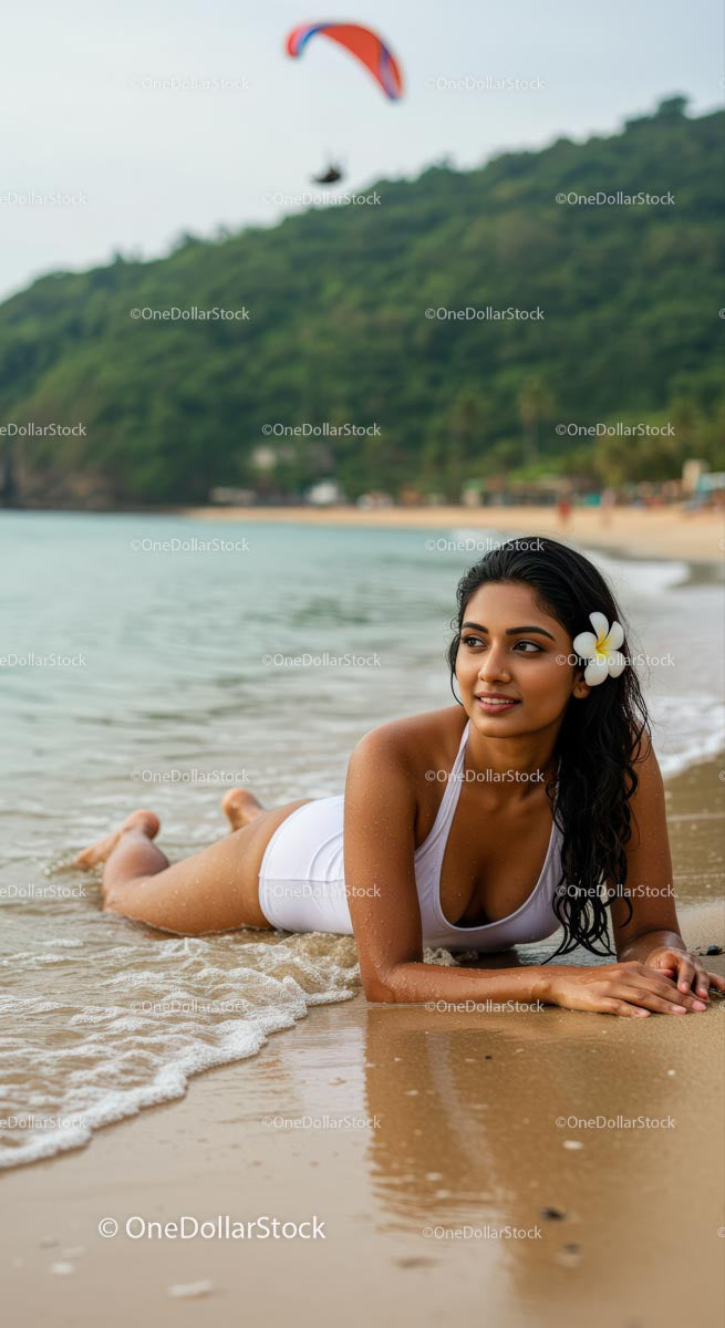 Woman Relaxing on Tropical Beach with Flower in Hair