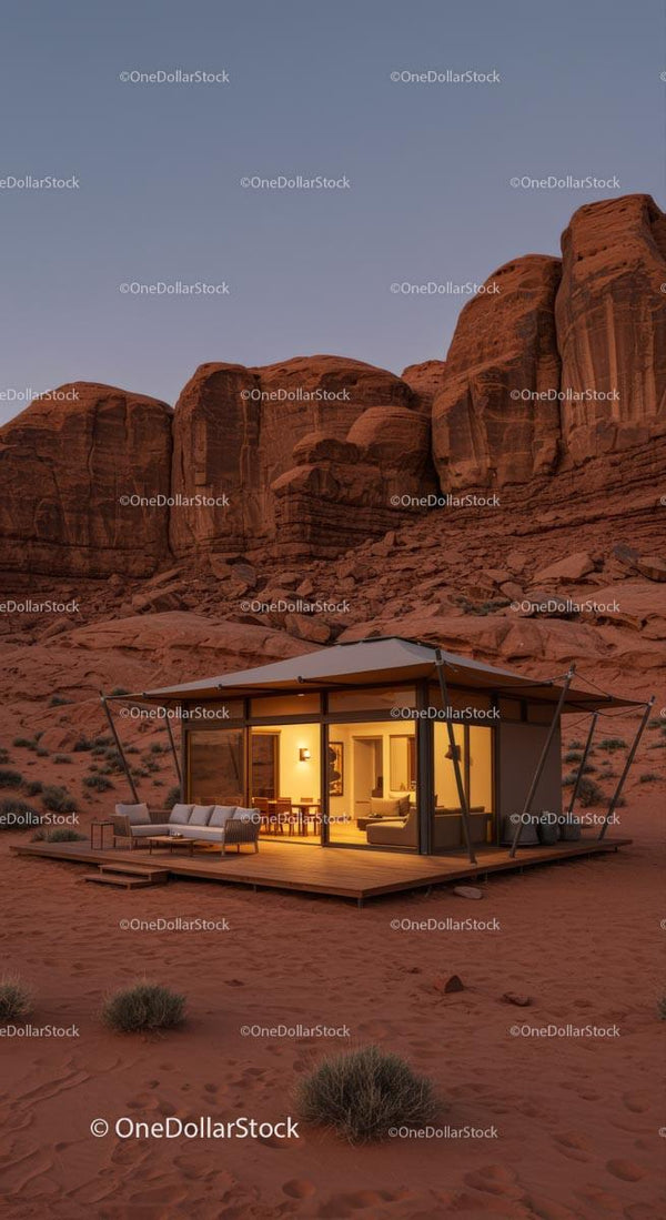 Modern Desert Cabin at Sunset with Sandstone Cliffs