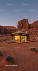 Modern Desert Cabin at Sunset with Rocky Landscape