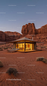 Modern Desert Cabin at Sunset with Rocky Landscape