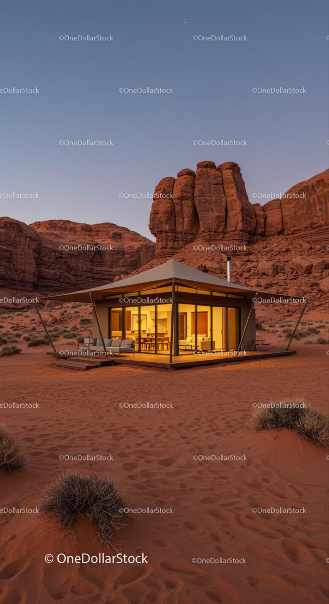 Modern Desert Cabin at Sunset with Rocky Landscape