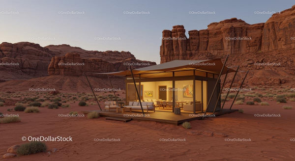Modern Glass House in Desert at Sunset