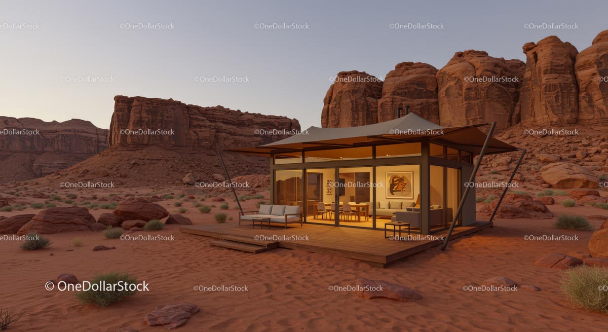 Modern Glass Cabin in Serene Desert Landscape