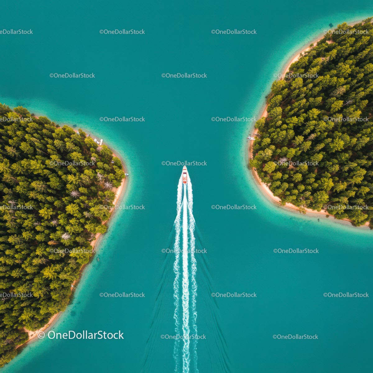 Aerial View of Speedboat between Lush Green Islands